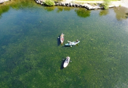 Aerial view of canoeing on Llyn Padarn