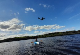 Cerys being overflown by A400M on Llyn Tegid